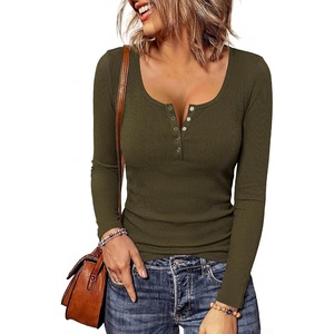 image:imageBTFBM Henley Shirts for Women Button V Neck Long Sleeve Tops Ribbed Slim Going Out Outfits Casual Fall Clothes 2026Army Green