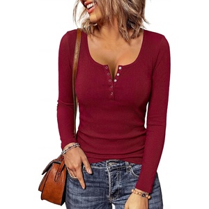 image:imageBTFBM Henley Shirts for Women Button V Neck Long Sleeve Tops Ribbed Slim Going Out Outfits Casual Fall Clothes 2026Burgundy