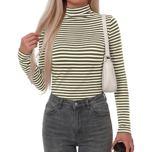 image:imageBTFBM Long Sleeve Shirts for Women Turtleneck Striped Shirt Lightweight Basic Thermal Underwear Tops 2026 Fall FashionArmy Green White