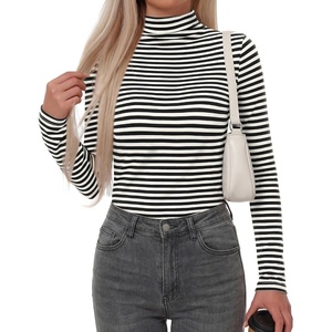 image:imageBTFBM Long Sleeve Shirts for Women Turtleneck Striped Shirt Lightweight Basic Thermal Underwear Tops 2026 Fall FashionBlack White