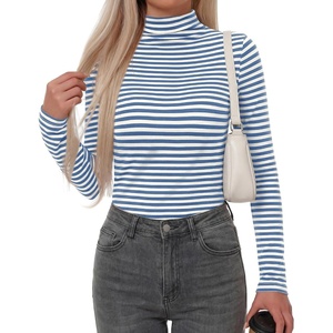 image:imageBTFBM Long Sleeve Shirts for Women Turtleneck Striped Shirt Lightweight Basic Thermal Underwear Tops 2026 Fall FashionLight Blue White