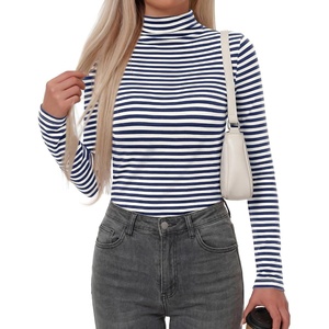 image:imageBTFBM Long Sleeve Shirts for Women Turtleneck Striped Shirt Lightweight Basic Thermal Underwear Tops 2026 Fall FashionNavy Blue White