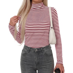 image:imageBTFBM Long Sleeve Shirts for Women Turtleneck Striped Shirt Lightweight Basic Thermal Underwear Tops 2026 Fall FashionWine Red White