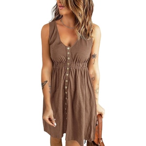 image:imageBTFBM Summer Dresses for Women 2026 Spring Clothes Sleeveless Crewneck Beach Vacation Outfits Mini Flowy Sun DressButtons Dark Khaki