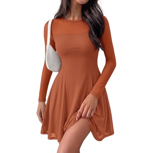 image:imageBTFBM Womens Mini Dress Sheer Mesh Long Sleeve Flowy A Line Casual Cocktail Party Going Out Dresses 2026 Fall FashionCaramel