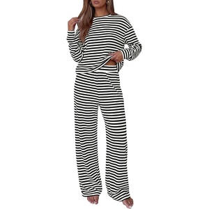 image:imageBTFBM Striped Lounge Set Sweatsuits Women 2 Piece Outfit  Womens Pajama SetsCrew NeckWide LegAirport Vacation OutfitsFall Winter ClothesBlack White