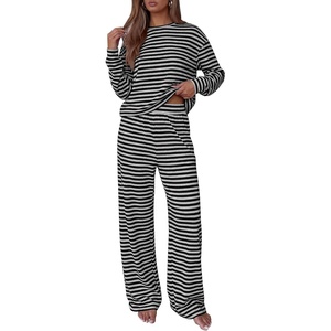image:imageBTFBM Striped Lounge Set Sweatsuits Women 2 Piece Outfit  Womens Pajama SetsCrew NeckWide LegAirport Vacation OutfitsFall Winter ClothesGrey Black