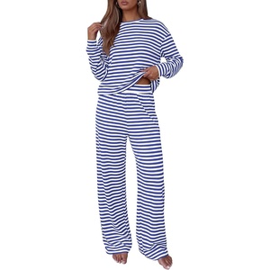 image:imageBTFBM Striped Lounge Set Sweatsuits Women 2 Piece Outfit  Womens Pajama SetsCrew NeckWide LegAirport Vacation OutfitsFall Winter ClothesWhite Blue