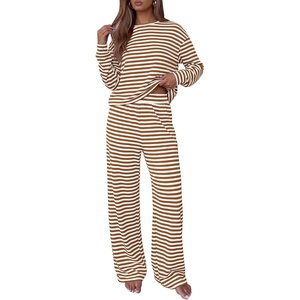 image:imageBTFBM Striped Lounge Set Sweatsuits Women 2 Piece Outfit  Womens Pajama SetsCrew NeckWide LegAirport Vacation OutfitsFall Winter ClothesWhite Brown