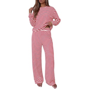 image:imageBTFBM Striped Lounge Set Sweatsuits Women 2 Piece Outfit  Womens Pajama SetsCrew NeckWide LegAirport Vacation OutfitsFall Winter ClothesWhite Red