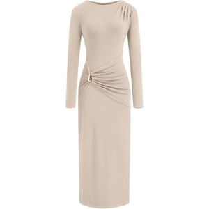 image:imageBTFBM Womens Long Sleeve Ruched Slit Maxi Wedding Guest Dress  Boat Neck Bodycon Semi Formal Dresses For Women Cocktail Party Homecoming Date Night Christmas Holiday Fall OutfitsBeige