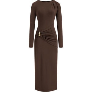 image:imageBTFBM Womens Long Sleeve Ruched Slit Maxi Wedding Guest Dress  Boat Neck Bodycon Semi Formal Dresses For Women Cocktail Party Homecoming Date Night Christmas Holiday Fall OutfitsBrown