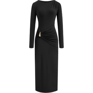 image:imageBTFBM Womens Long Sleeve Ruched Slit Maxi Wedding Guest Dress  Boat Neck Bodycon Semi Formal Dresses For Women Cocktail Party Homecoming Date Night Christmas Holiday Fall OutfitsBlack