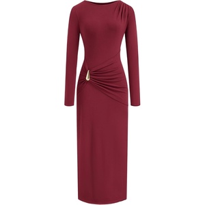 image:imageBTFBM Womens Long Sleeve Ruched Slit Maxi Wedding Guest Dress  Boat Neck Bodycon Semi Formal Dresses For Women Cocktail Party Homecoming Date Night Christmas Holiday Fall OutfitsBurgundy