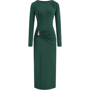 image:imageBTFBM Womens Long Sleeve Ruched Slit Maxi Wedding Guest Dress  Boat Neck Bodycon Semi Formal Dresses For Women Cocktail Party Homecoming Date Night Christmas Holiday Fall OutfitsGreen