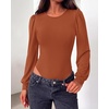 image:imageBTFBM Long Puff Sleeve Bodysuits for Women 2026  Crew Neck 2 Snap Crotch Thong ShapewearStretchy Knit High Cut LeotardsCasual Y2K Going Out TopsWinter LayerFall FashionRed Brown