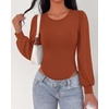 image:imageBTFBM Long Puff Sleeve Bodysuits for Women 2026  Crew Neck 2 Snap Crotch Thong ShapewearStretchy Knit High Cut LeotardsCasual Y2K Going Out TopsWinter LayerFall FashionRed Brown