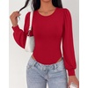 image:imageBTFBM Long Puff Sleeve Bodysuits for Women 2026  Crew Neck 2 Snap Crotch Thong ShapewearStretchy Knit High Cut LeotardsCasual Y2K Going Out TopsWinter LayerFall FashionRed