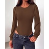 image:imageBTFBM Long Puff Sleeve Bodysuits for Women 2026  Crew Neck 2 Snap Crotch Thong ShapewearStretchy Knit High Cut LeotardsCasual Y2K Going Out TopsWinter LayerFall FashionBrown