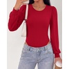 image:imageBTFBM Long Puff Sleeve Bodysuits for Women 2026  Crew Neck 2 Snap Crotch Thong ShapewearStretchy Knit High Cut LeotardsCasual Y2K Going Out TopsWinter LayerFall FashionRed