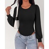 image:imageBTFBM Long Puff Sleeve Bodysuits for Women 2026  Crew Neck 2 Snap Crotch Thong ShapewearStretchy Knit High Cut LeotardsCasual Y2K Going Out TopsWinter LayerFall FashionBlack