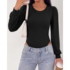 image:imageBTFBM Long Puff Sleeve Bodysuits for Women 2026  Crew Neck 2 Snap Crotch Thong ShapewearStretchy Knit High Cut LeotardsCasual Y2K Going Out TopsWinter LayerFall FashionBlack