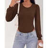 image:imageBTFBM Long Puff Sleeve Bodysuits for Women 2026  Crew Neck 2 Snap Crotch Thong ShapewearStretchy Knit High Cut LeotardsCasual Y2K Going Out TopsWinter LayerFall FashionBrown
