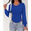 image:imageBTFBM Long Puff Sleeve Bodysuits for Women 2026  Crew Neck 2 Snap Crotch Thong ShapewearStretchy Knit High Cut LeotardsCasual Y2K Going Out TopsWinter LayerFall FashionBlue