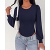 image:imageBTFBM Long Puff Sleeve Bodysuits for Women 2026  Crew Neck 2 Snap Crotch Thong ShapewearStretchy Knit High Cut LeotardsCasual Y2K Going Out TopsWinter LayerFall FashionNavy Blue