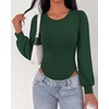 image:imageBTFBM Long Puff Sleeve Bodysuits for Women 2026  Crew Neck 2 Snap Crotch Thong ShapewearStretchy Knit High Cut LeotardsCasual Y2K Going Out TopsWinter LayerFall FashionDark Green