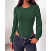image:imageBTFBM Long Puff Sleeve Bodysuits for Women 2026  Crew Neck 2 Snap Crotch Thong ShapewearStretchy Knit High Cut LeotardsCasual Y2K Going Out TopsWinter LayerFall FashionDark Green
