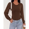 image:imageBTFBM Long Puff Sleeve Bodysuits for Women 2026  Crew Neck 2 Snap Crotch Thong ShapewearStretchy Knit High Cut LeotardsCasual Y2K Going Out TopsWinter LayerFall FashionBrown