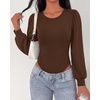 image:imageBTFBM Long Puff Sleeve Bodysuits for Women 2026  Crew Neck 2 Snap Crotch Thong ShapewearStretchy Knit High Cut LeotardsCasual Y2K Going Out TopsWinter LayerFall FashionBrown