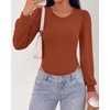 image:imageBTFBM Long Puff Sleeve Bodysuits for Women 2026  Crew Neck 2 Snap Crotch Thong ShapewearStretchy Knit High Cut LeotardsCasual Y2K Going Out TopsWinter LayerFall FashionRed Brown