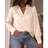 image:imageBTFBM Satin Blouses for Women Dressy Casual  LightweightV NeckLong Sleeve TopsGoing Out OutfitsFall Fashion ClothingBeige