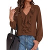 image:imageBTFBM Womens Fall Tops Ruffle Blouses Dressy Casual  Double Ruffled Collar V Neck Long Sleeve Shirts Lightweight Fashion Clothing 2026 Trendy Daily Business Office Work ClothesBrown