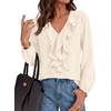 image:imageBTFBM Womens Fall Tops Ruffle Blouses Dressy Casual  Double Ruffled Collar V Neck Long Sleeve Shirts Lightweight Fashion Clothing 2026 Trendy Daily Business Office Work ClothesApricot