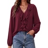 image:imageBTFBM Womens Fall Tops Ruffle Blouses Dressy Casual  Double Ruffled Collar V Neck Long Sleeve Shirts Lightweight Fashion Clothing 2026 Trendy Daily Business Office Work ClothesBurgundy