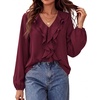 image:imageBTFBM Womens Fall Tops Ruffle Blouses Dressy Casual  Double Ruffled Collar V Neck Long Sleeve Shirts Lightweight Fashion Clothing 2026 Trendy Daily Business Office Work ClothesBurgundy