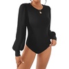 image:imageBTFBM Long Puff Sleeve Bodysuits for Women 2026  Crew Neck 2 Snap Crotch Thong ShapewearStretchy Knit High Cut LeotardsCasual Y2K Going Out TopsWinter LayerFall FashionBlack