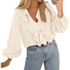 image:imageBTFBM Womens Fall Tops Ruffle Blouses Dressy Casual  Double Ruffled Collar V Neck Long Sleeve Shirts Lightweight Fashion Clothing 2026 Trendy Daily Business Office Work ClothesApricot