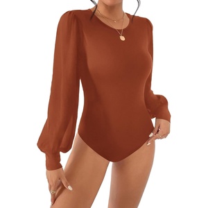 image:imageBTFBM Long Puff Sleeve Bodysuits for Women 2026  Crew Neck 2 Snap Crotch Thong ShapewearStretchy Knit High Cut LeotardsCasual Y2K Going Out TopsWinter LayerFall FashionRed Brown