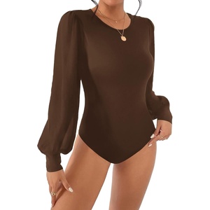 image:imageBTFBM Long Puff Sleeve Bodysuits for Women 2026  Crew Neck 2 Snap Crotch Thong ShapewearStretchy Knit High Cut LeotardsCasual Y2K Going Out TopsWinter LayerFall FashionBrown