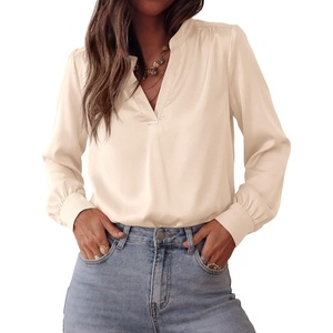 image:imageBTFBM Satin Blouses for Women Dressy Casual  LightweightV NeckLong Sleeve TopsGoing Out OutfitsFall Fashion ClothingBeige