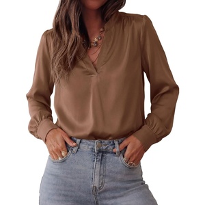 image:imageBTFBM Satin Blouses for Women Dressy Casual  LightweightV NeckLong Sleeve TopsGoing Out OutfitsFall Fashion ClothingBrown
