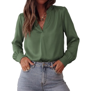 image:imageBTFBM Satin Blouses for Women Dressy Casual  LightweightV NeckLong Sleeve TopsGoing Out OutfitsFall Fashion ClothingDark Green