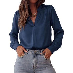 image:imageBTFBM Satin Blouses for Women Dressy Casual  LightweightV NeckLong Sleeve TopsGoing Out OutfitsFall Fashion ClothingNavy