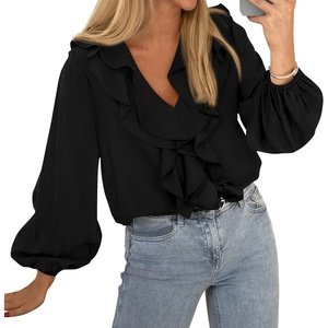 image:imageBTFBM Womens Fall Tops Ruffle Blouses Dressy Casual  Double Ruffled Collar V Neck Long Sleeve Shirts Lightweight Fashion Clothing 2026 Trendy Daily Business Office Work ClothesBlack