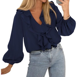 image:imageBTFBM Womens Fall Tops Ruffle Blouses Dressy Casual  Double Ruffled Collar V Neck Long Sleeve Shirts Lightweight Fashion Clothing 2026 Trendy Daily Business Office Work ClothesNavy