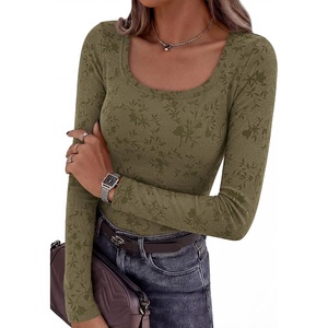 image:imageBTFBM Womens Long Sleeve Scoop Neck Shirts Floral Tops  Casual Women Fall Clothes Ribbed Slim Fitted TShirts y2k Fashion Clothing Concert Going Out Top Club Date Night OutfitsArmy Green